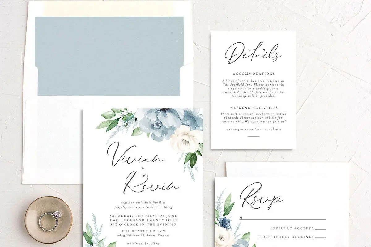 Blue Floral Place Setting Botanical Wedding Name Cards Personalised Wedding Stationery Wedding Place Cards