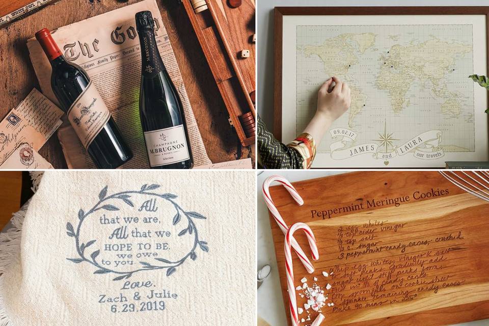 collage of anniversary gifts for parents including wine bottles, pushpin map, embroidered blanket, and engraved cutting board