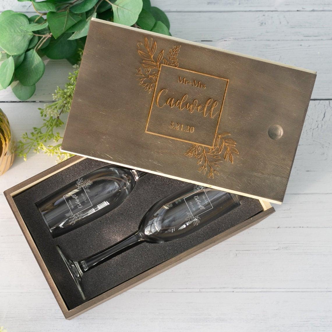 Personalized newlyweds toasting glasses set with gift box