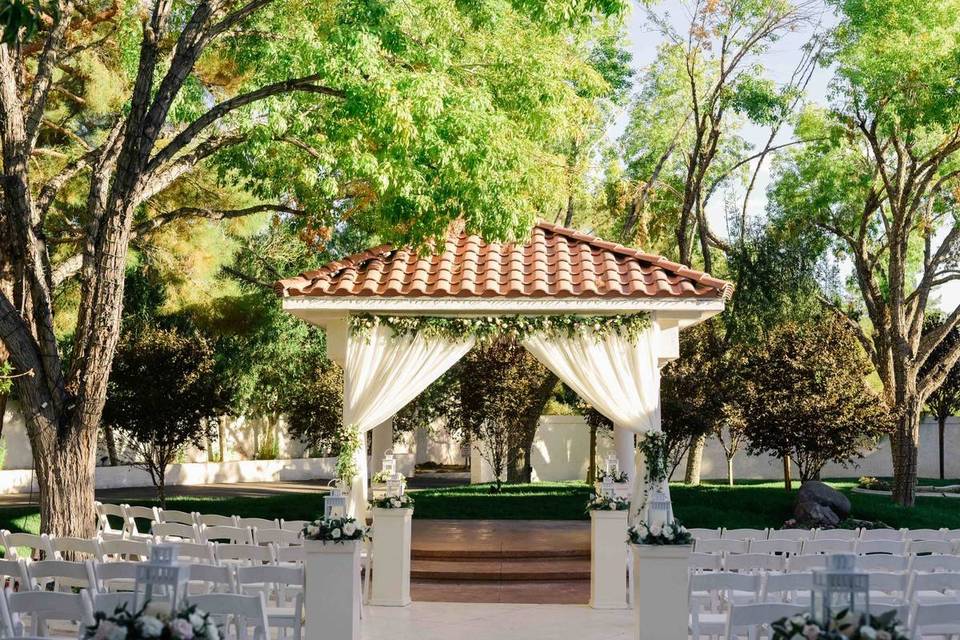 outdoor wedding venue in las vegas with terracotta roof gazebo among trees