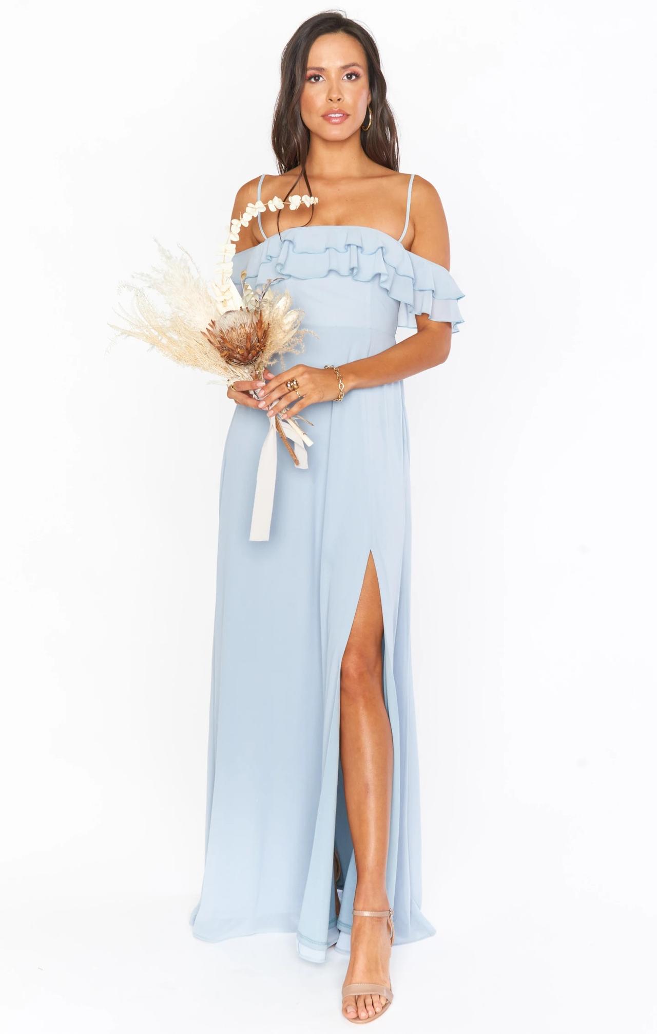 Cuffed Strapless Maxi Bridesmaid Dress With Front Slit In Sky Blue