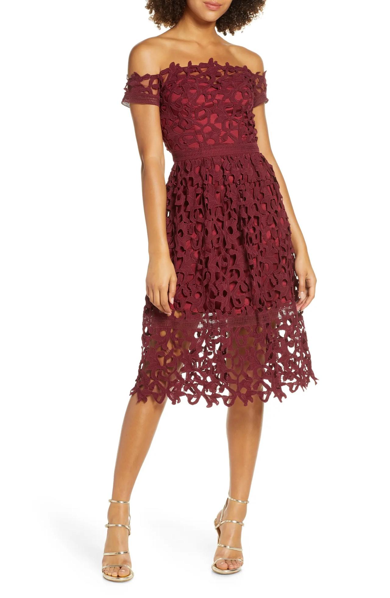 Burgundy cocktail rehearsal dinner dress for guest