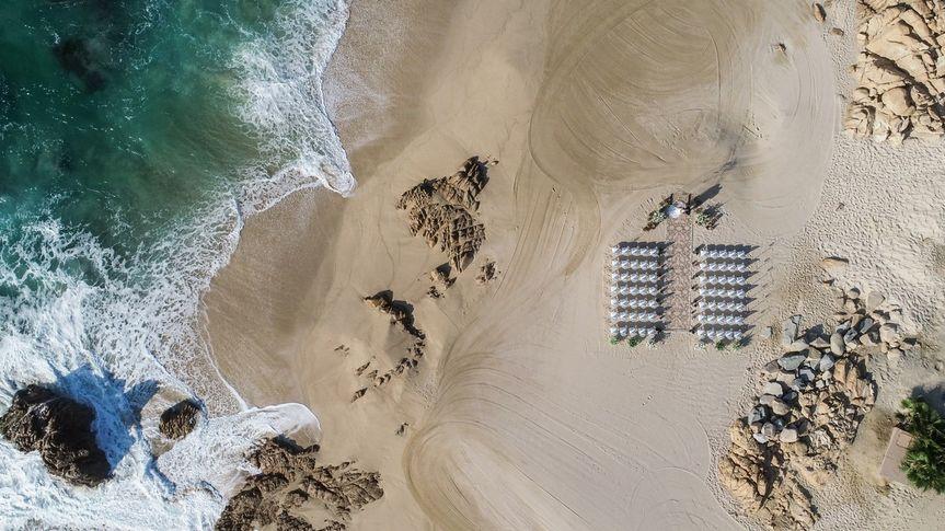beach wedding drone shot