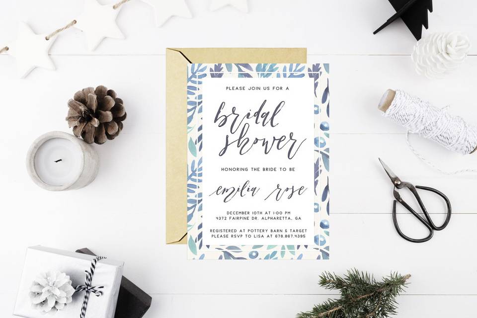 blue and white bridal shower invitation