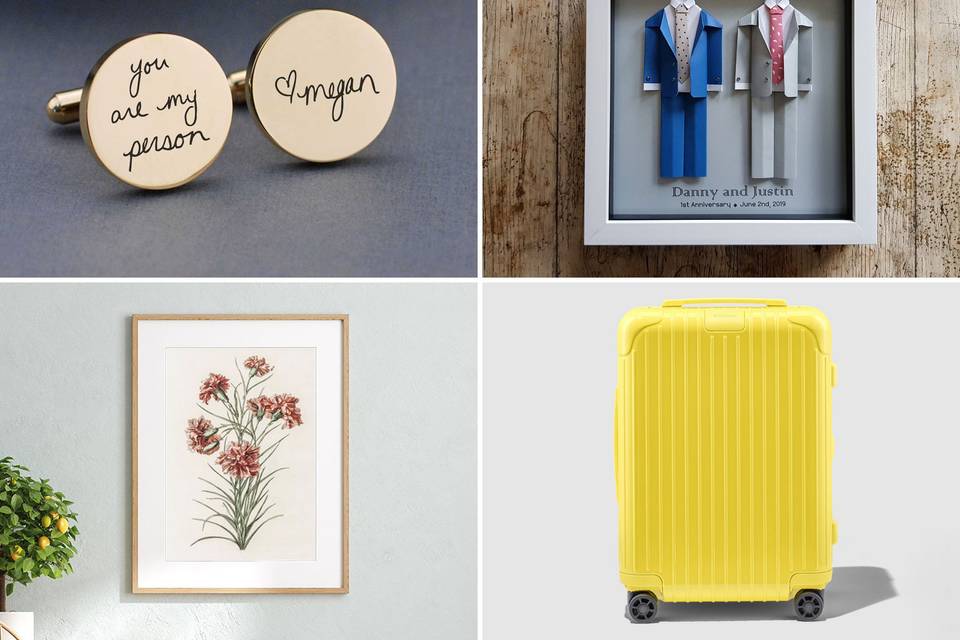 Collage of four first anniversary gift ideas including cuff links, origami art, carnation print, and yellow suitcase
