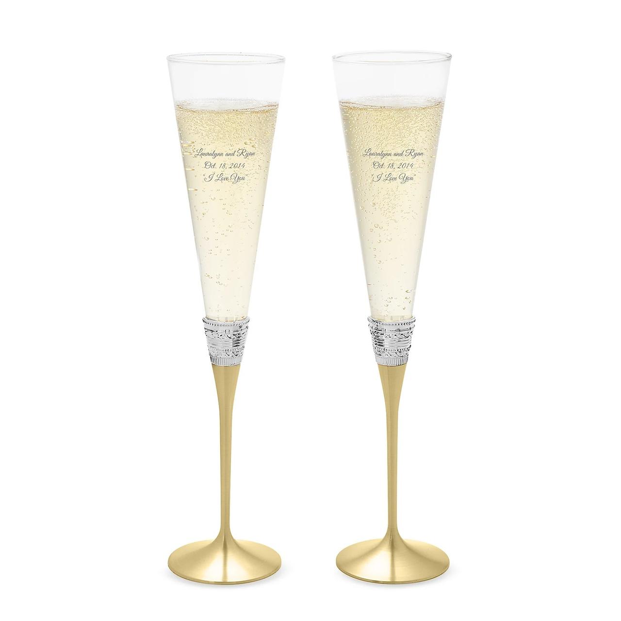 Gold-stemmed wedding champagne flutes