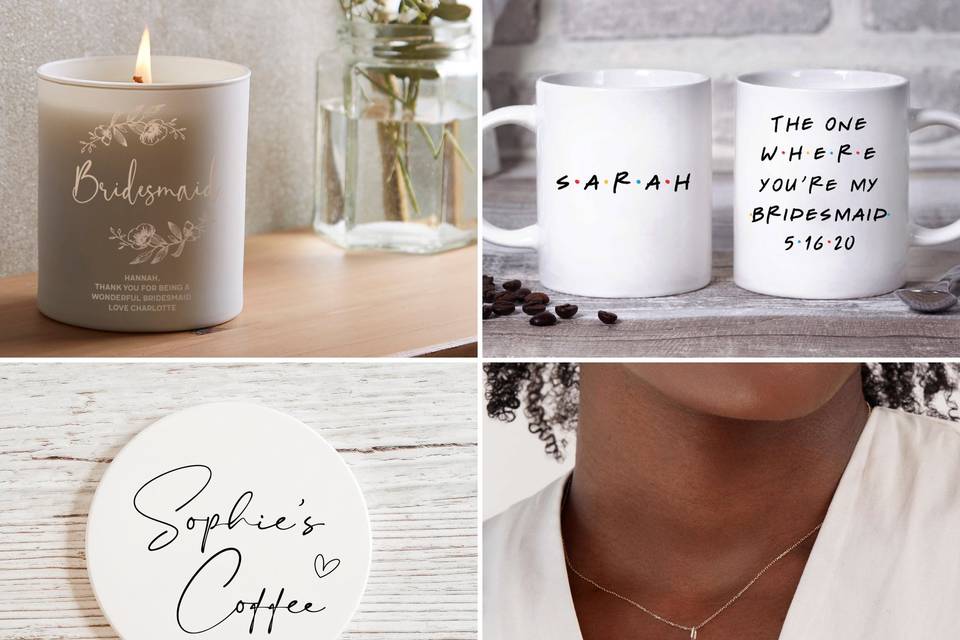 Collage of four bridesmaid gift ideas including candle, mug, coaster, and necklace