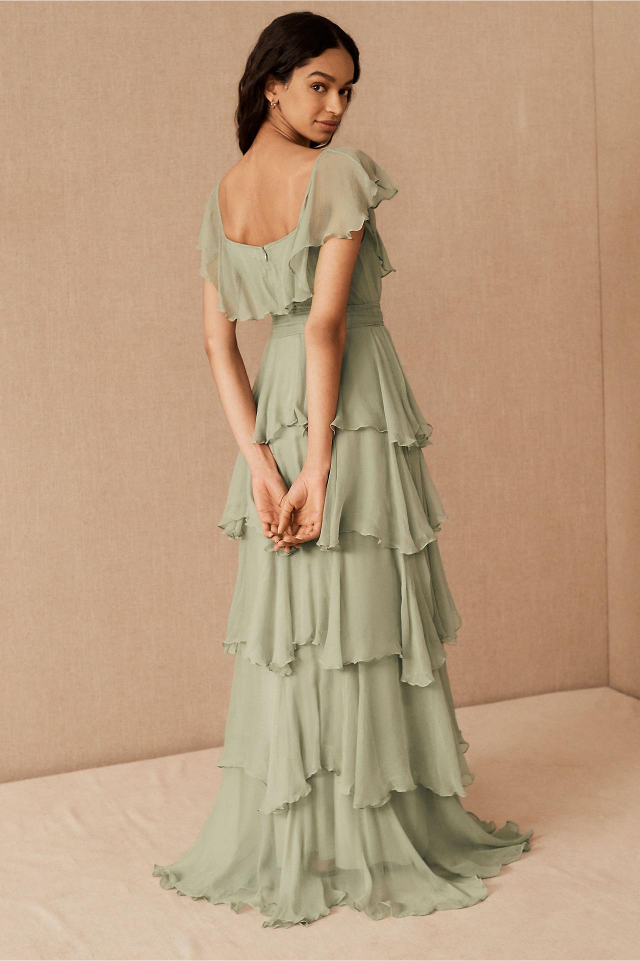 Tiered ruffle sage green spring wedding guest dress