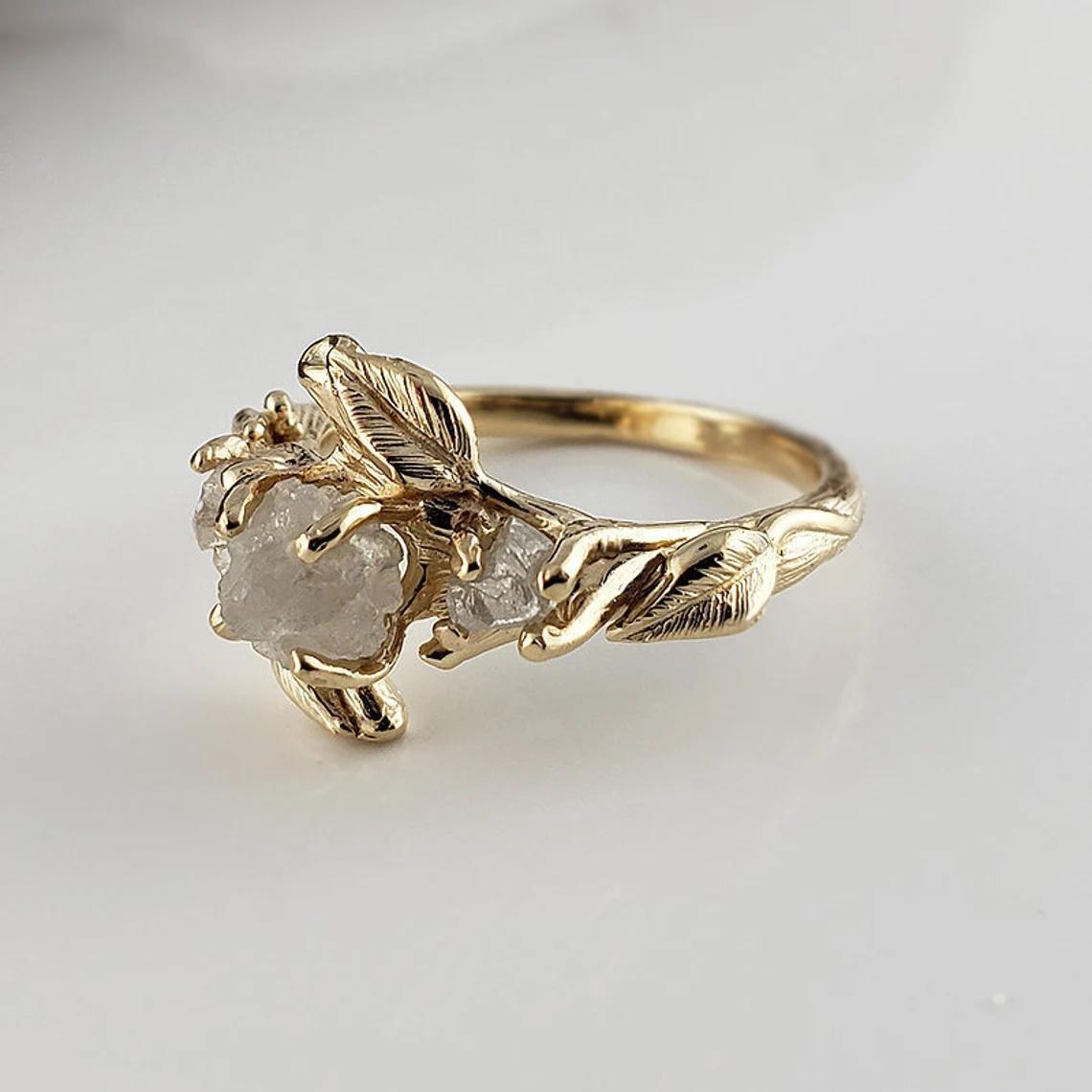 Rough Diamond Engagement Ring With Meteorite