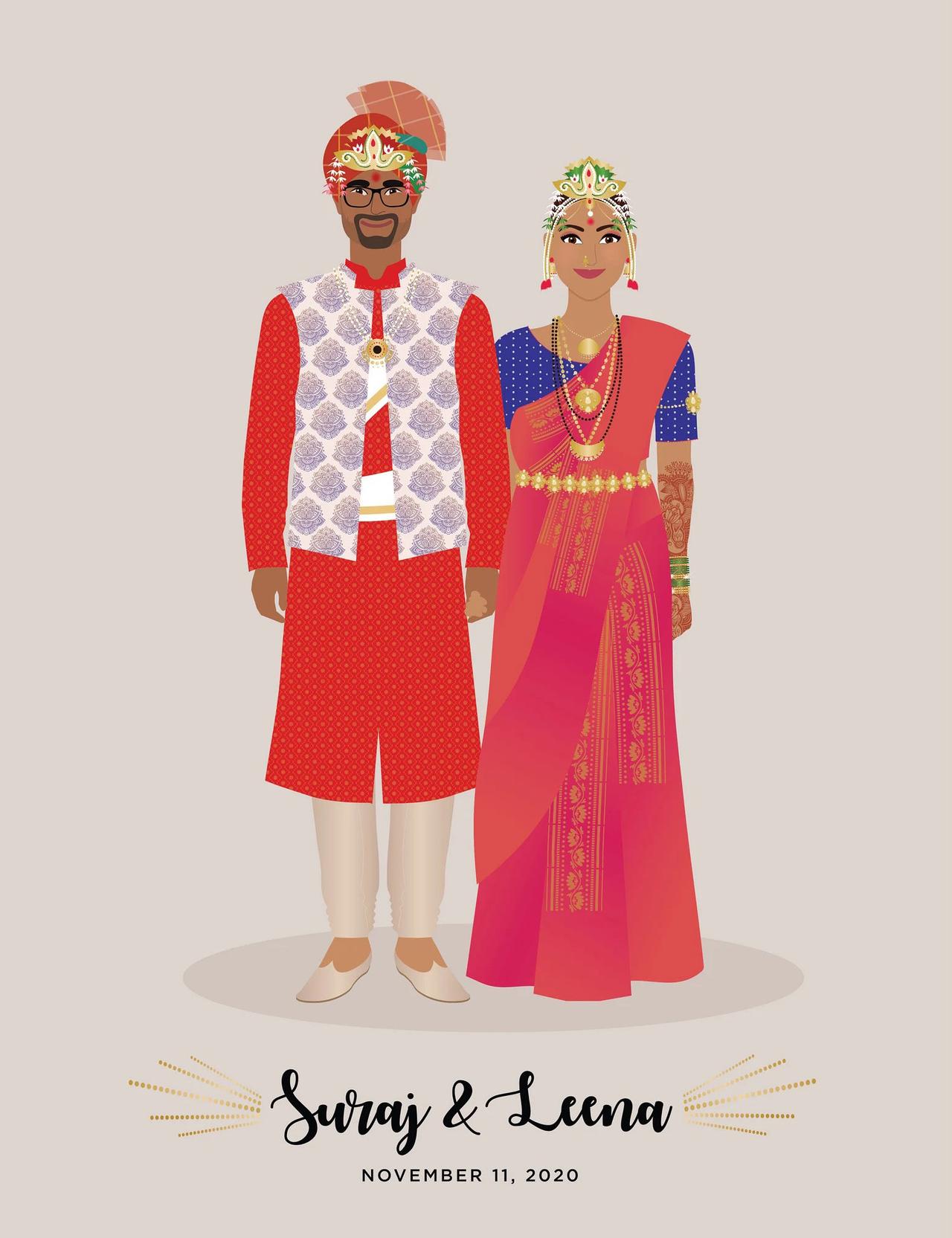 Illustrated portrait of couple on their wedding day in traditional cultural attire