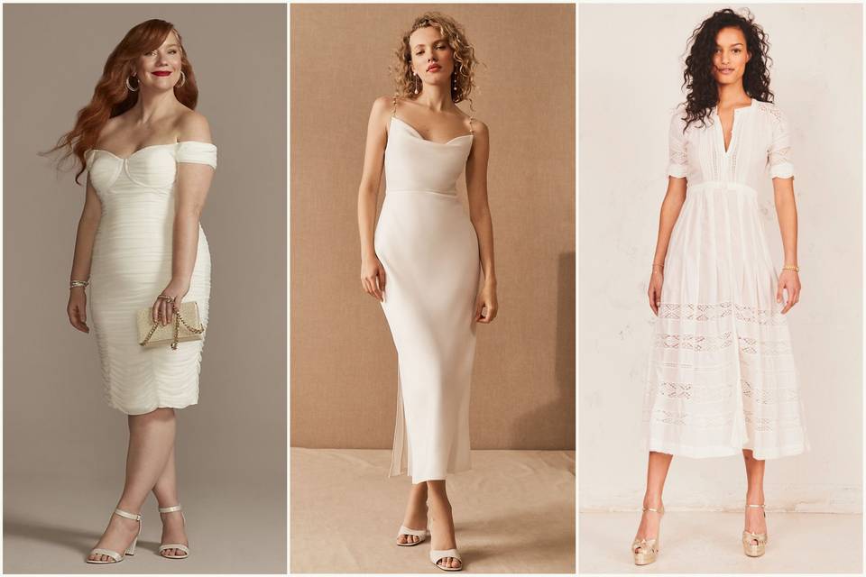 collage of three models wearing courthouse wedding dresses