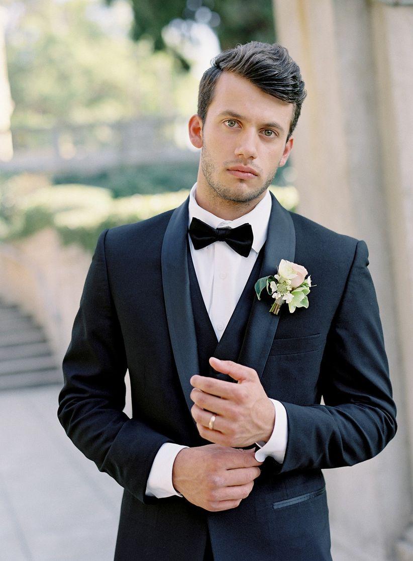 Black Gucci Groomsmen Suits with Bow Ties and Blush Boutonnieres