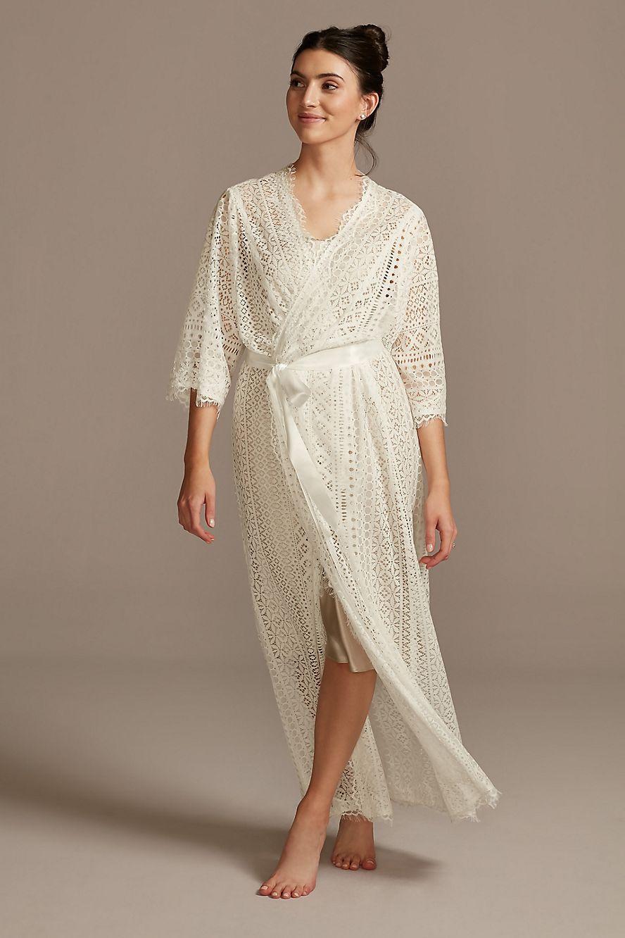 Long white crochet bridal robe