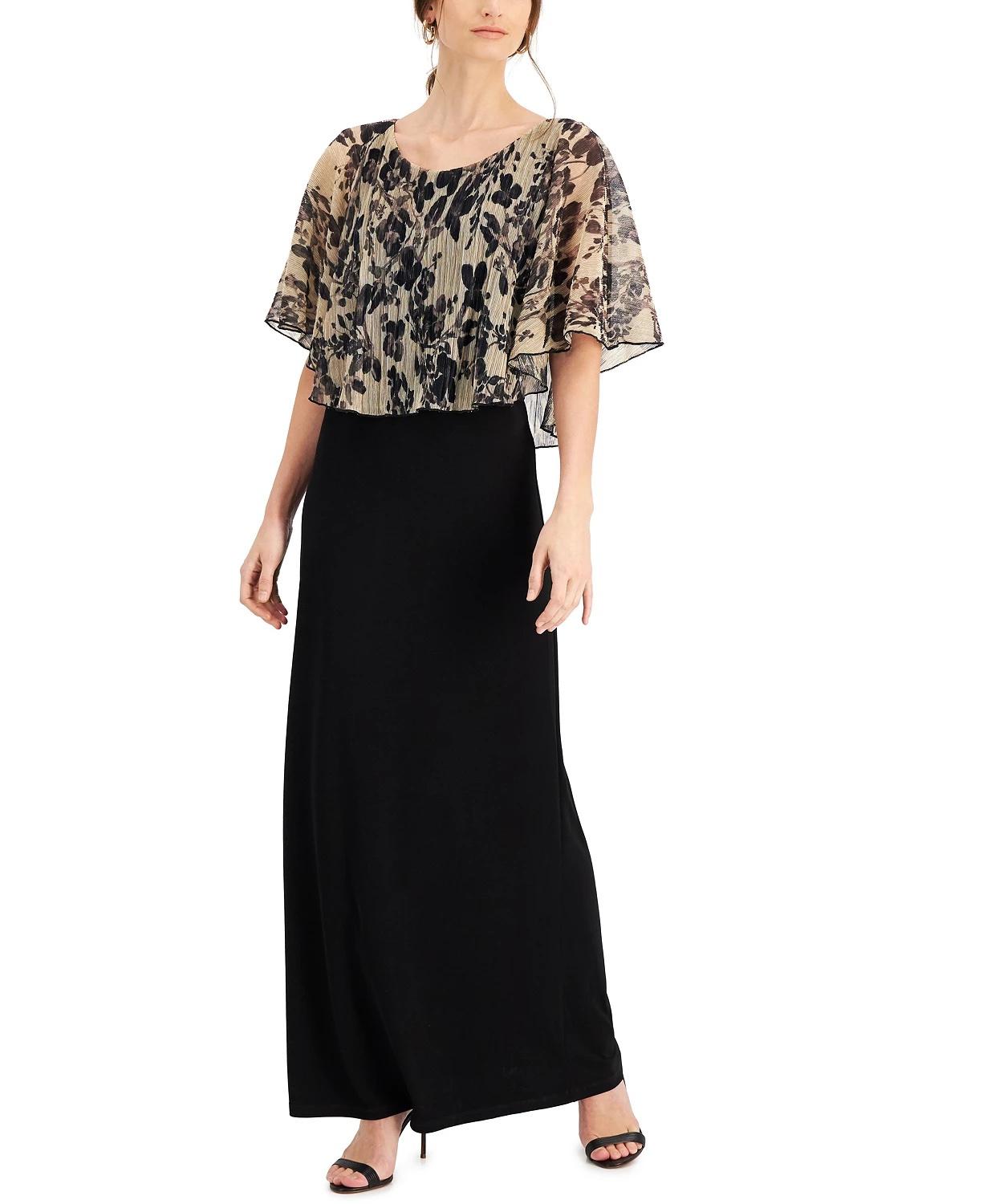 Chiffon floral design bodice and floor length black skirt