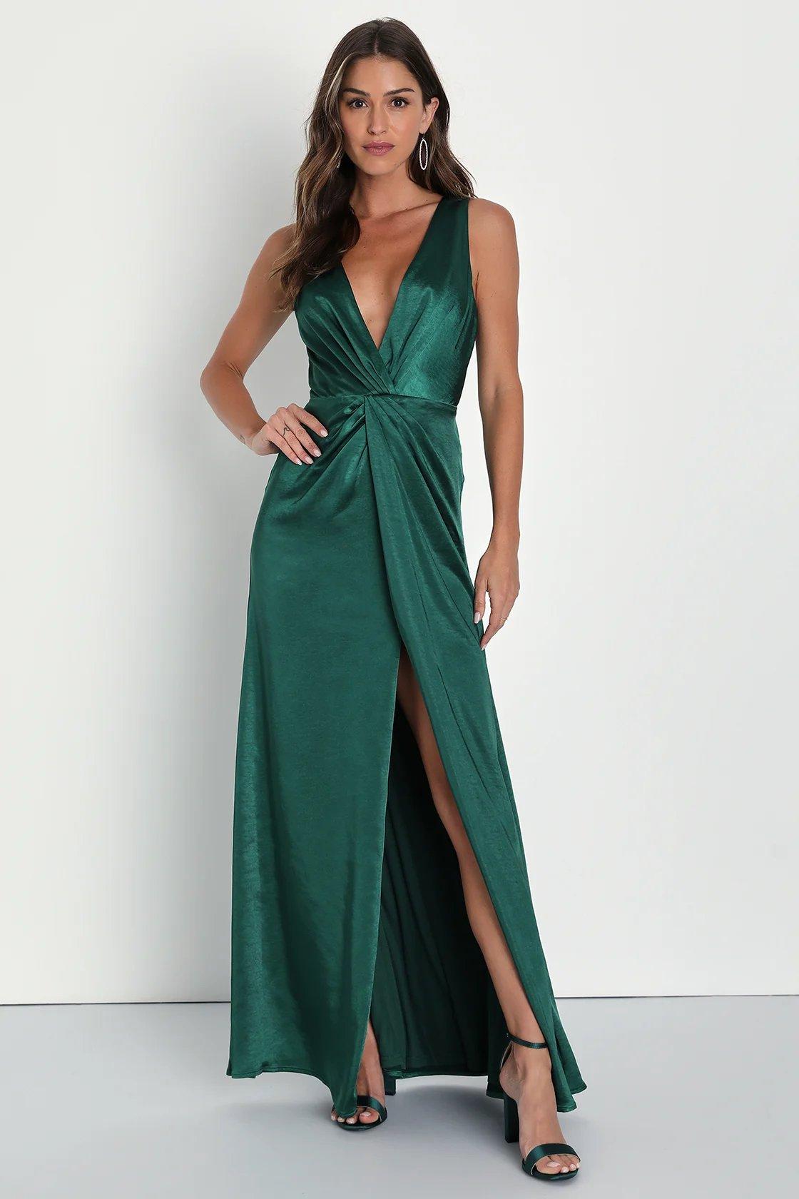 Dark Green Dress, Silk Dress, Wrap Dress, Bridesmaid Dress, Wedding Guest  Dress, Women Dress, Maxi Dress, Evening Dress, Long Dress 