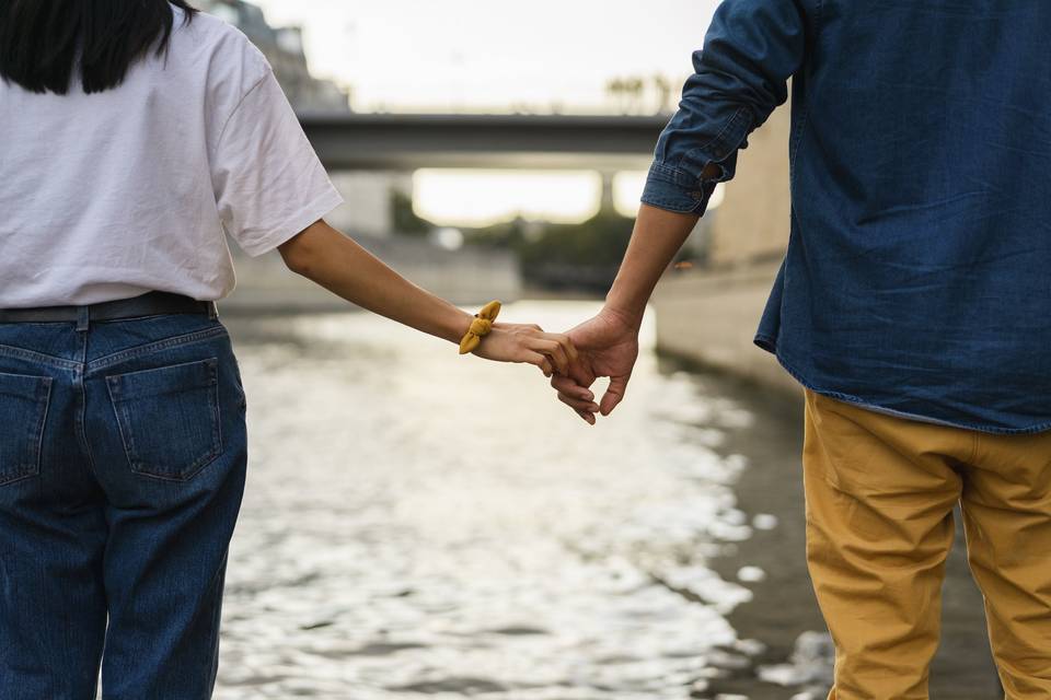 couple holding hands overlooking the seine river