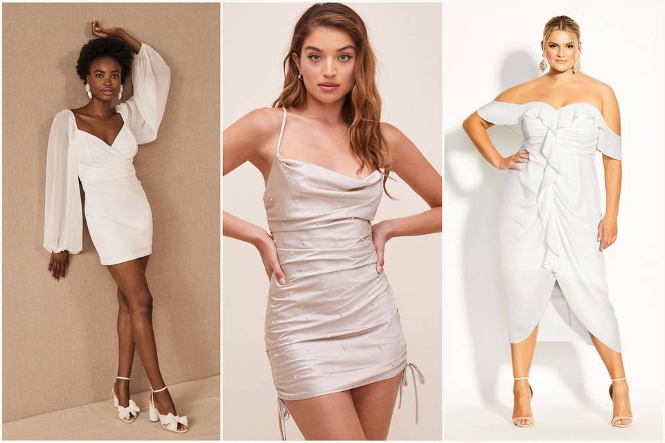 photo collage with models wearing white and cream colored bachelorette party dresses