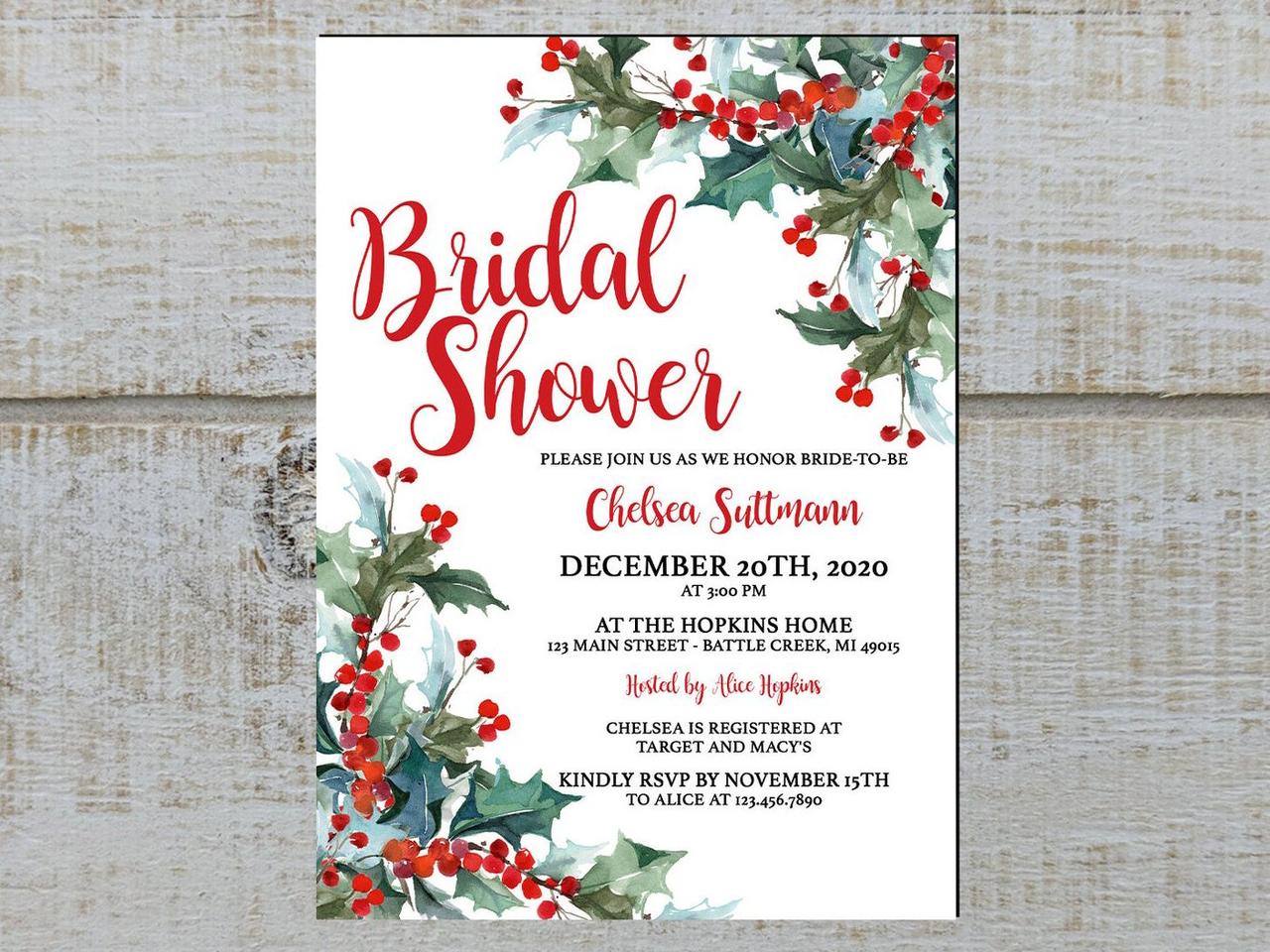 Holly Greenery and Floral Christmas Holiday or December Wedding Shower Pine Printable or Printed Winter Bridal Shower Invitation