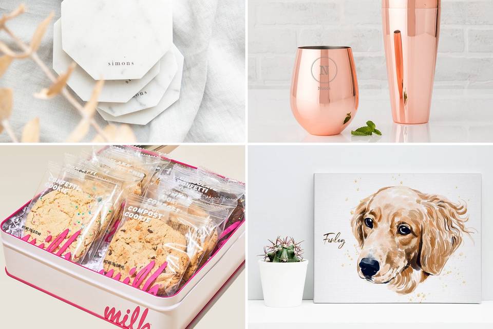 Collage of four wedding party gift ideas including minimalist marble coasters, personalized copper tumblers, tin of cookies, and watercolor pet portrait