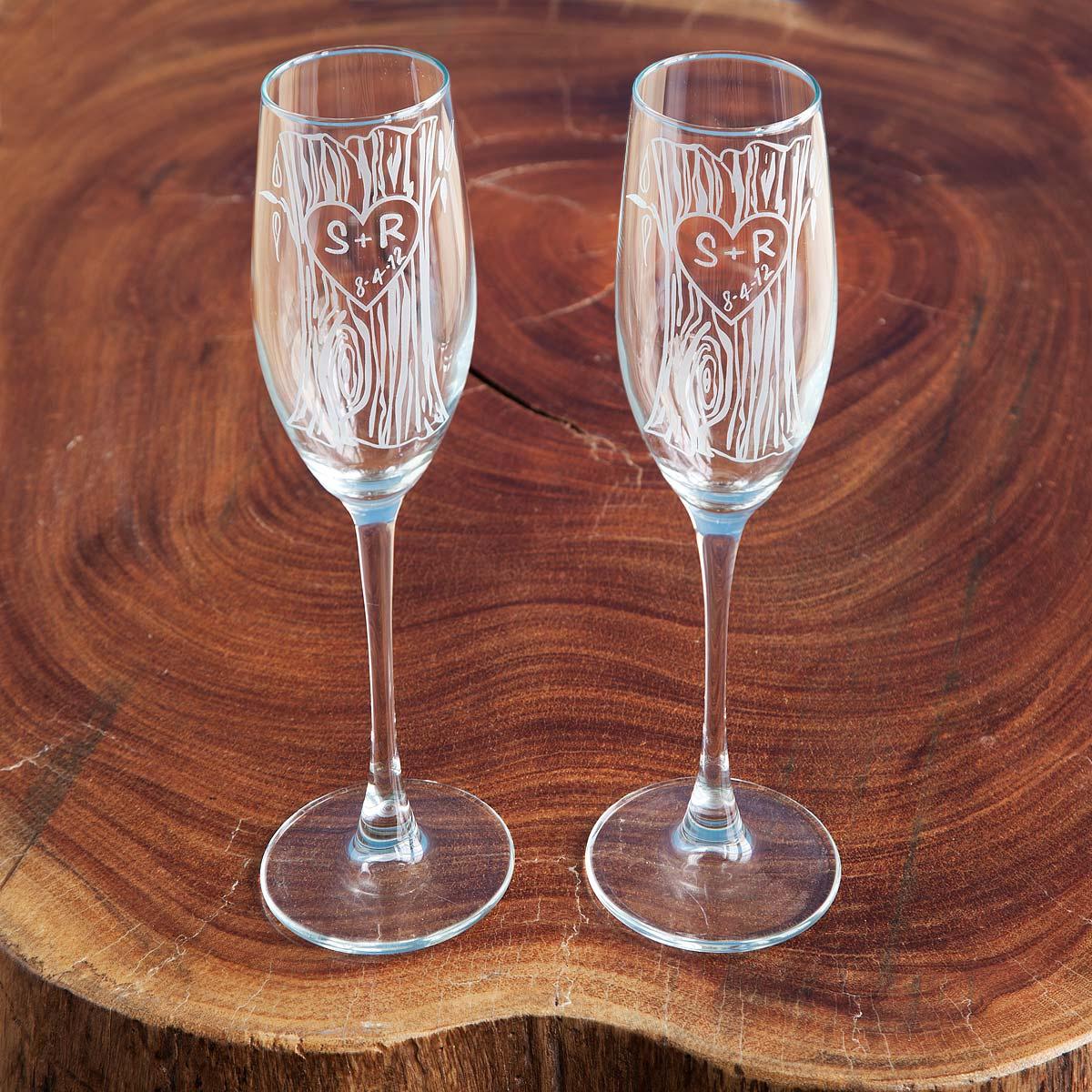 Etched faux bois wedding champagne glasses