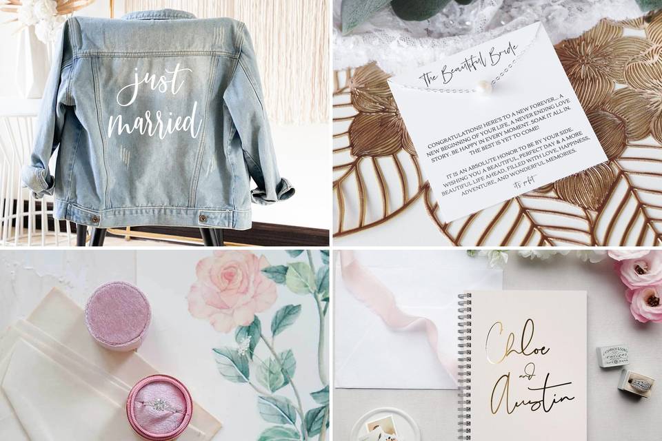Denim jacket, Ring box, necklace, and planner maid of honor gifts to bride