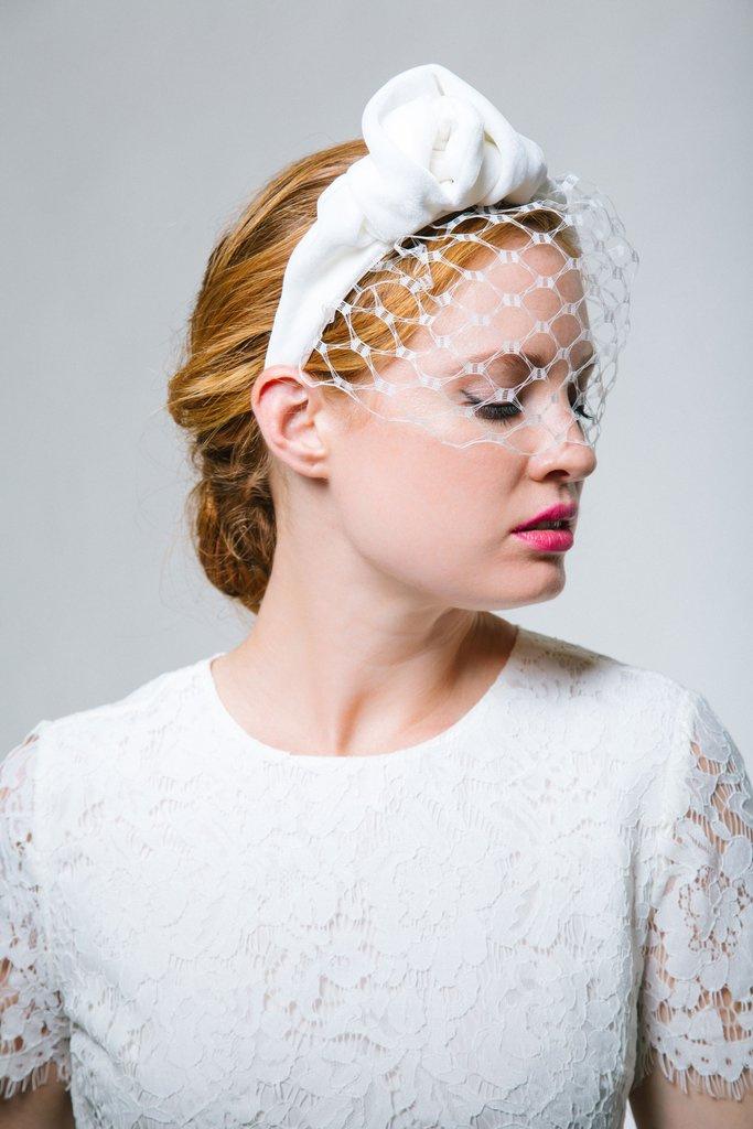 Bridal Birdcage Veil Headband with Silk Bow - Genevieve Rose Atelier