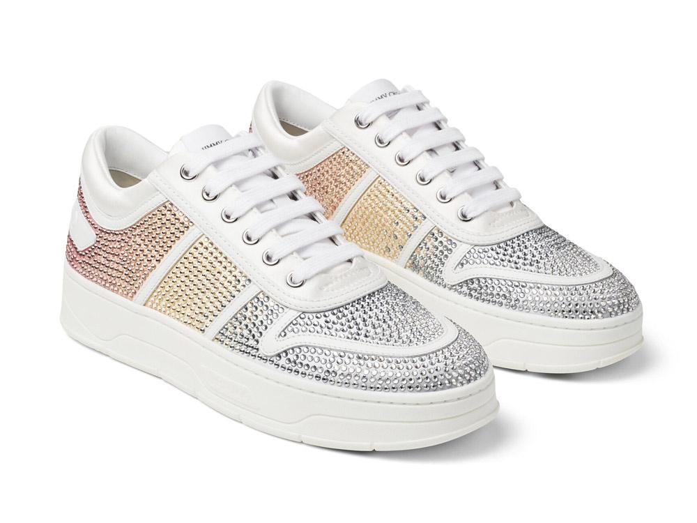 jimmy choo hawaii sky mix degrade satin lace up wedding sneakers with rainbow crystal embellishment
