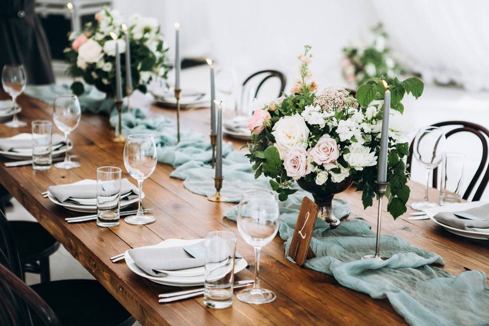 wedding tablescape with flowers and candles