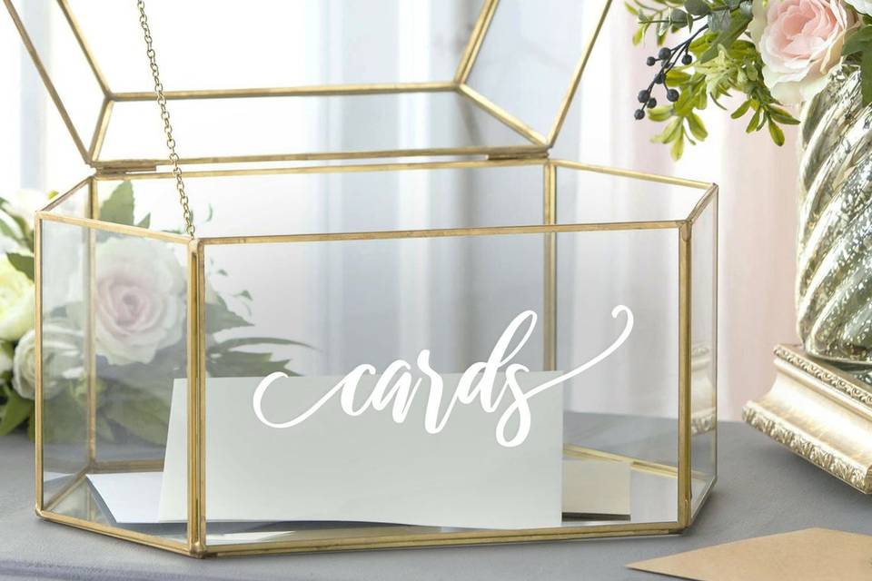 gold and glass geometric wedding card box with white calligraphy decal