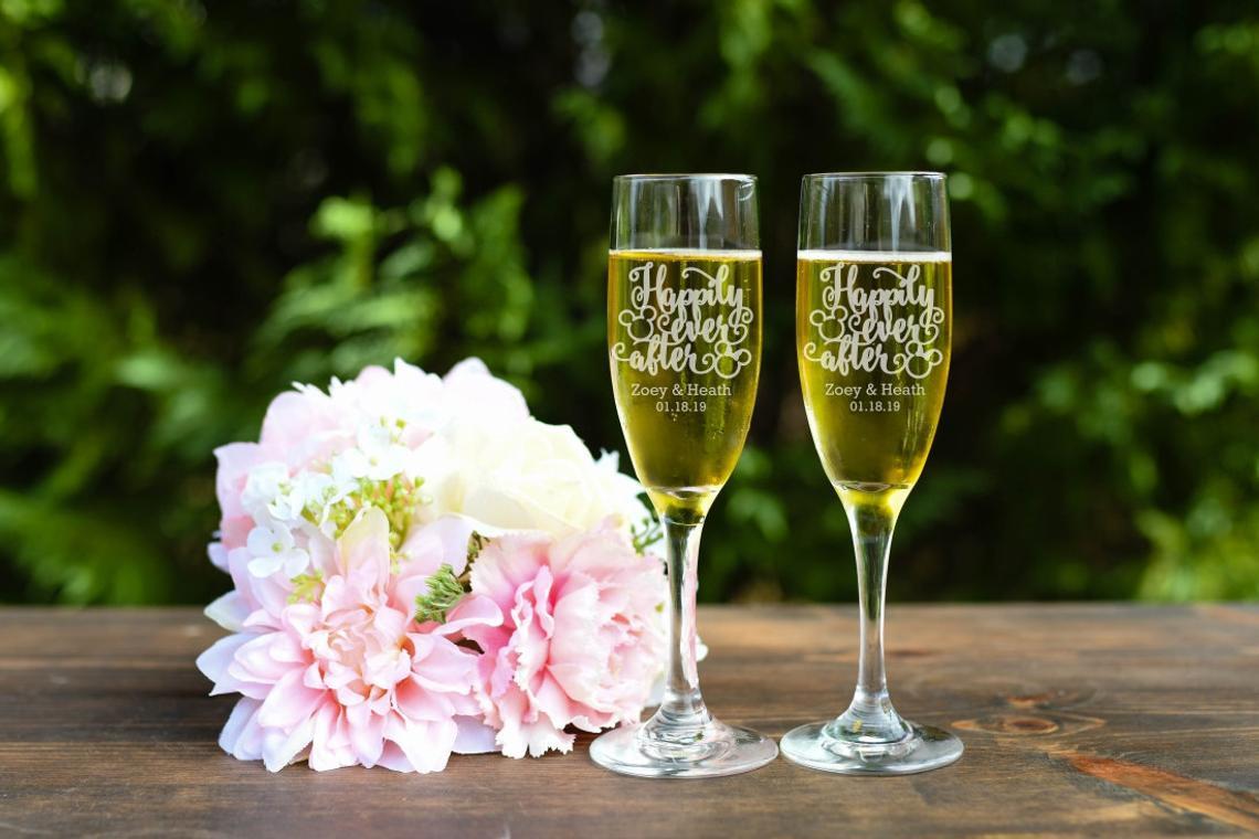 Matching Happily Ever After wedding champagne flutes