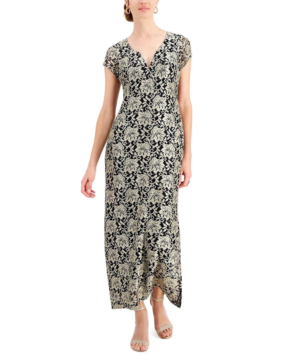 V-neck column gown with cap sleeves and floral design