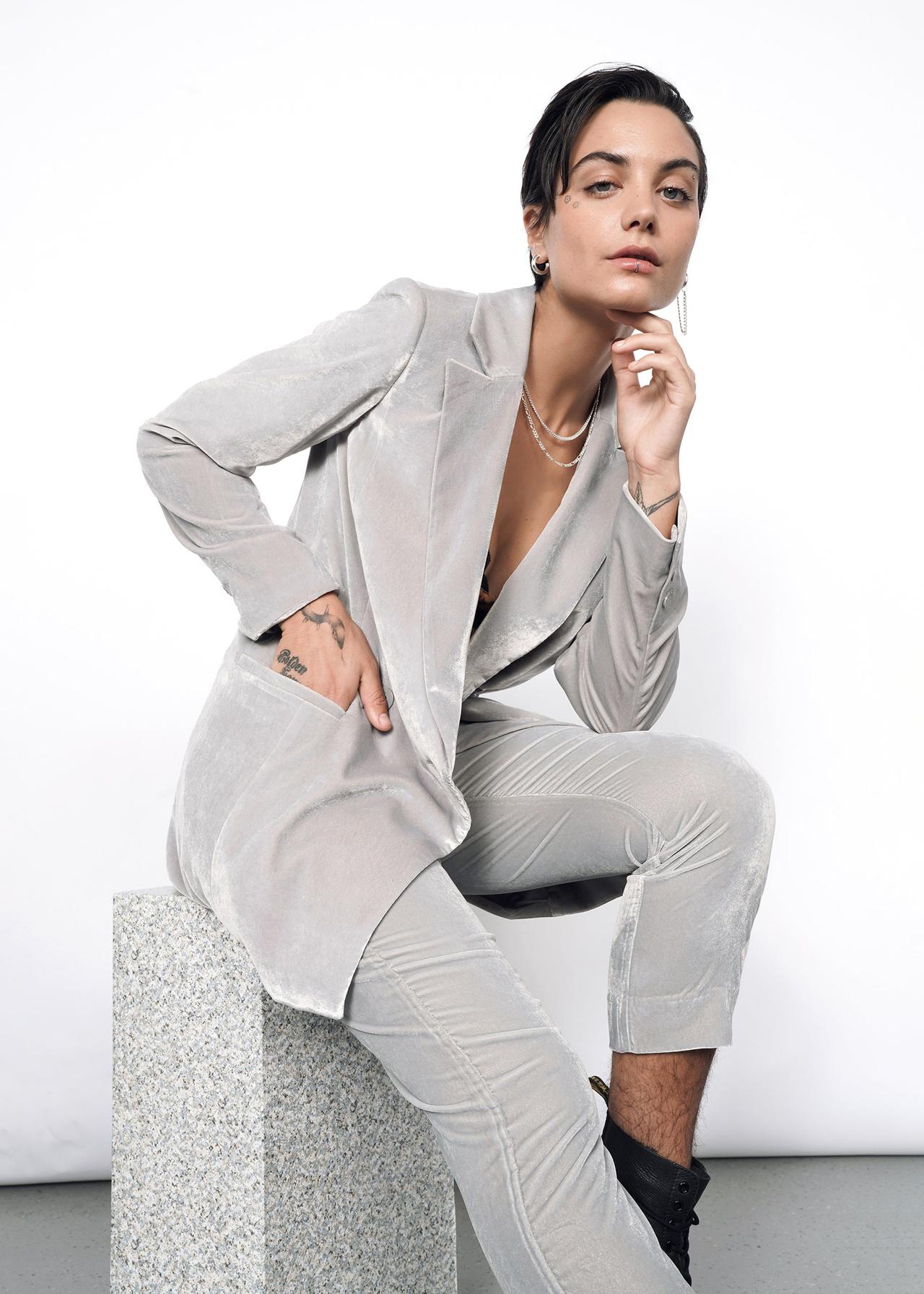 Velvet silver blazer and jacket gender-neutral rehearsal dinner outfit for guest