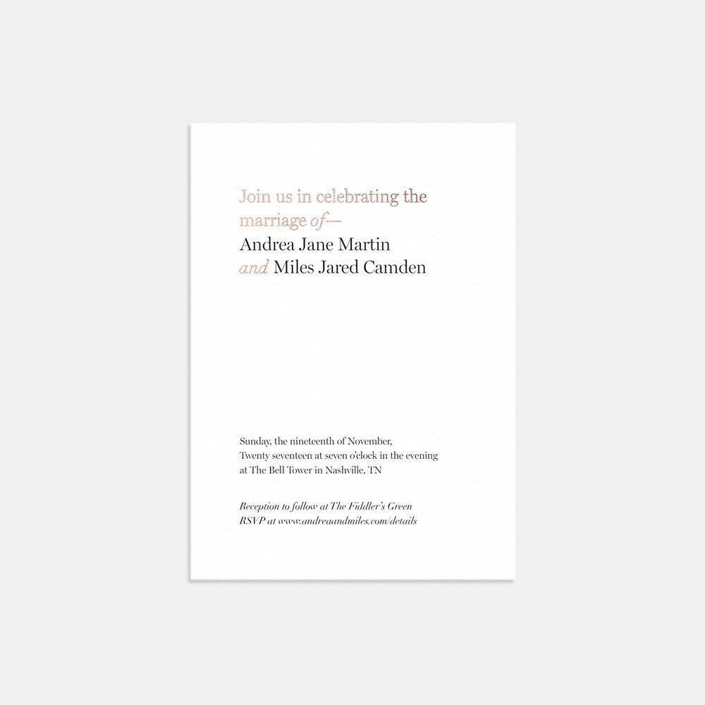 minimalist spring wedding invitation with rose gold accents