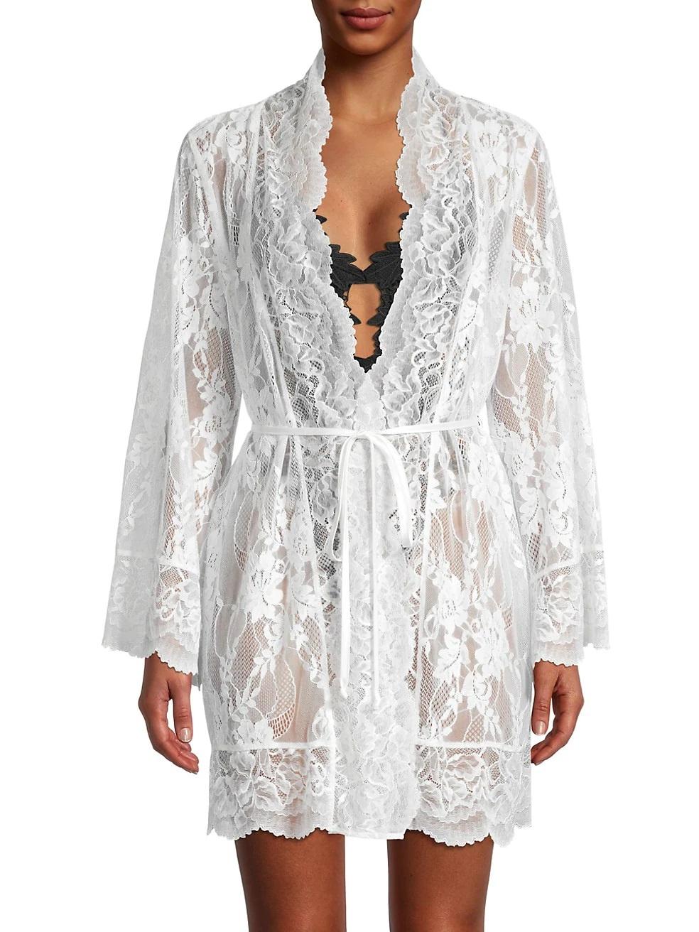 Allover lace short white bridal robe