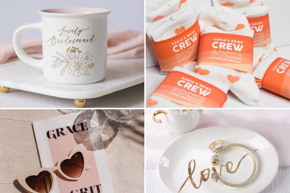Collage of four bachelorette party favor ideas including mug, socks, trinket dish, and sunglasses