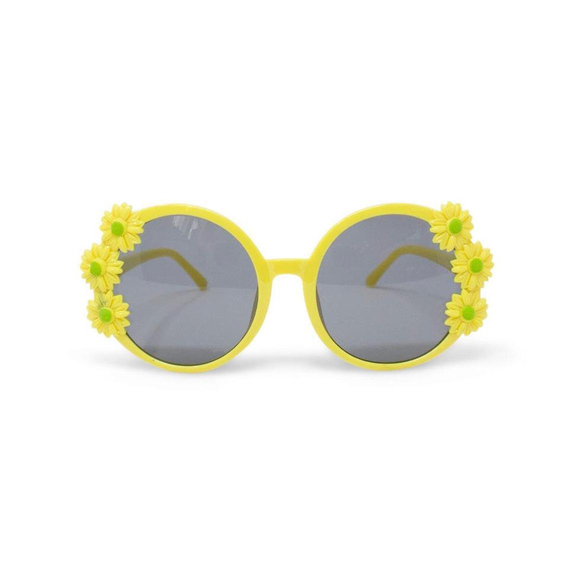 yellow sunglasses with miniature faux daisies on both sides of the lenses
