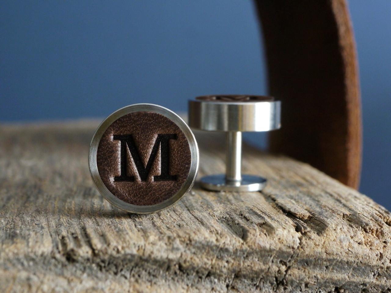 dark brown leather cuff links with initials