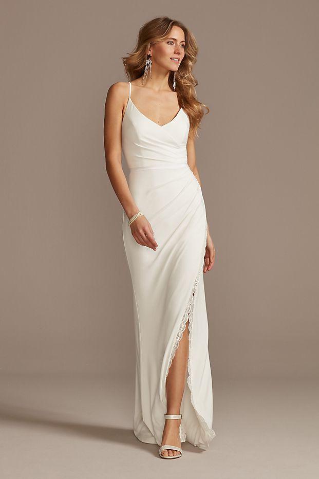 floor length courthouse wedding dress with side slit and peekaboo lace detail