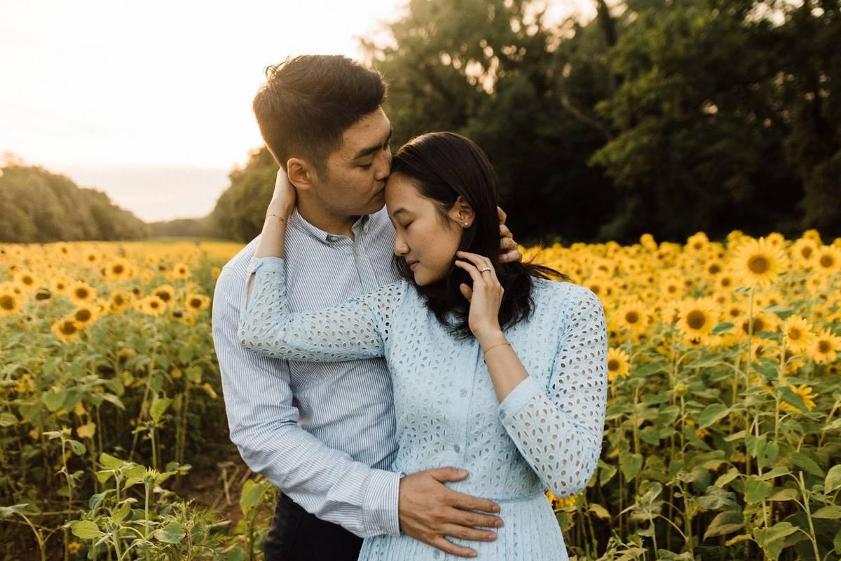 Asian couple in sunflower field at sunset groom is kissing her forehead