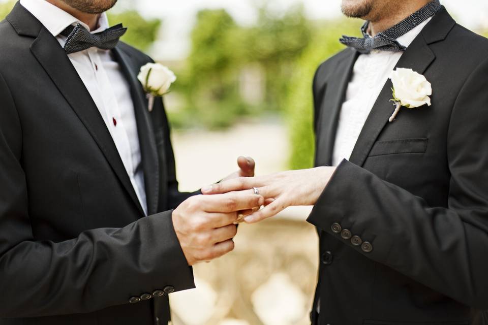 two grooms exchanging rings