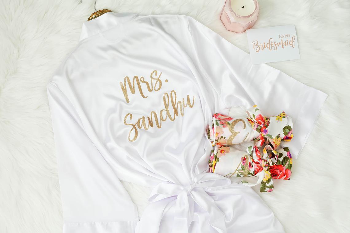 White bridal robe with gold personalization