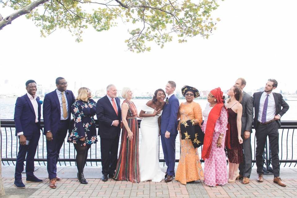 bride and groom with family members