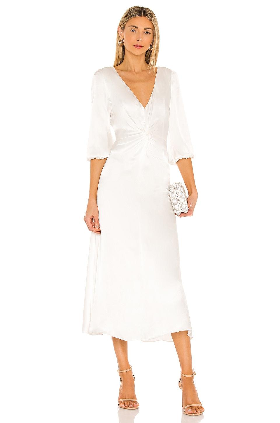 satin courthouse wedding dress with three-quarter bell sleeves and v-neckline