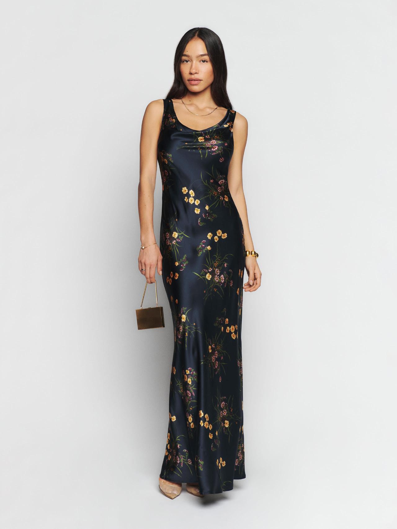 Black floral wedding guest dress best sale