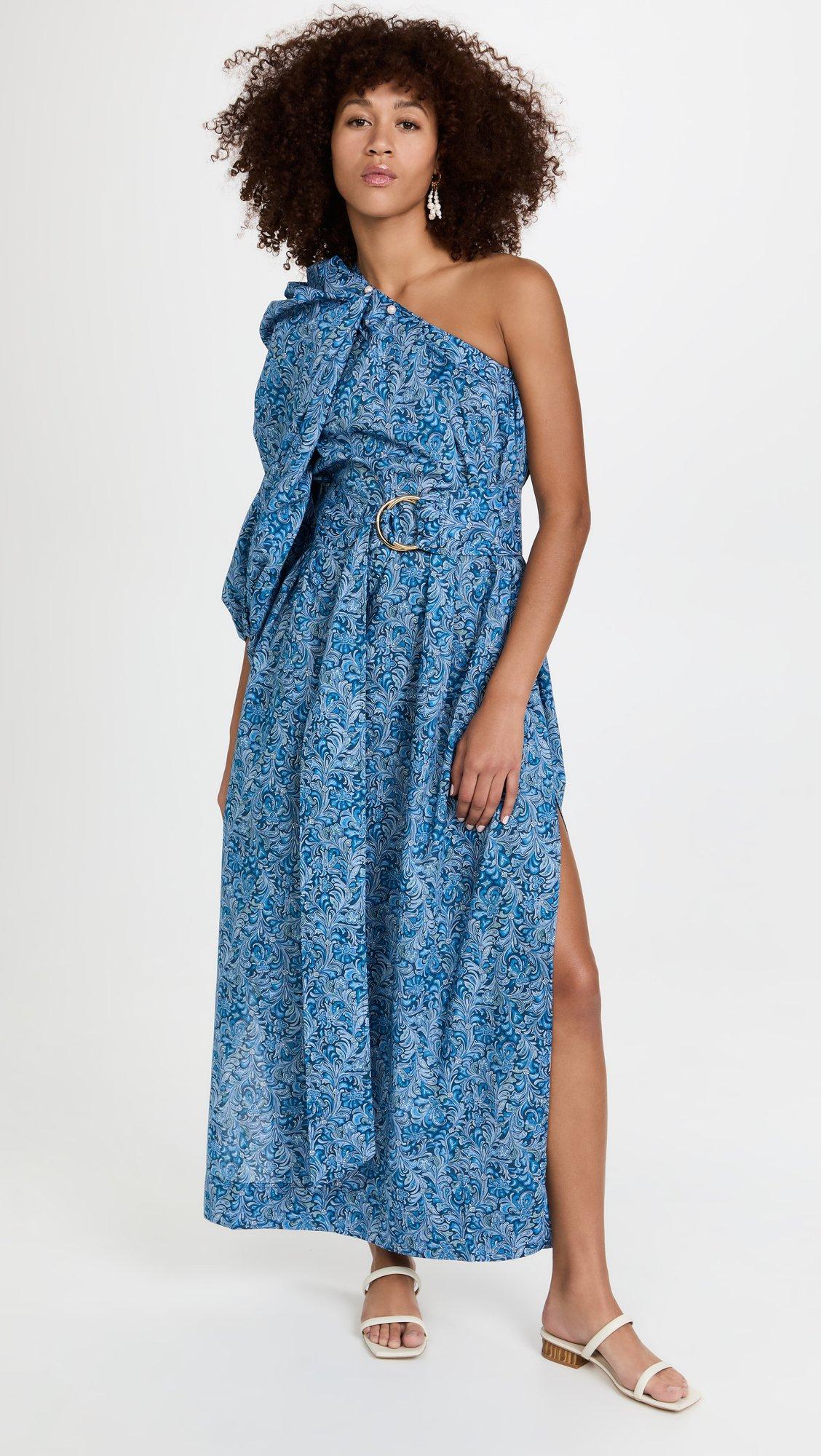 Blue paisley maxi spring wedding guest dress