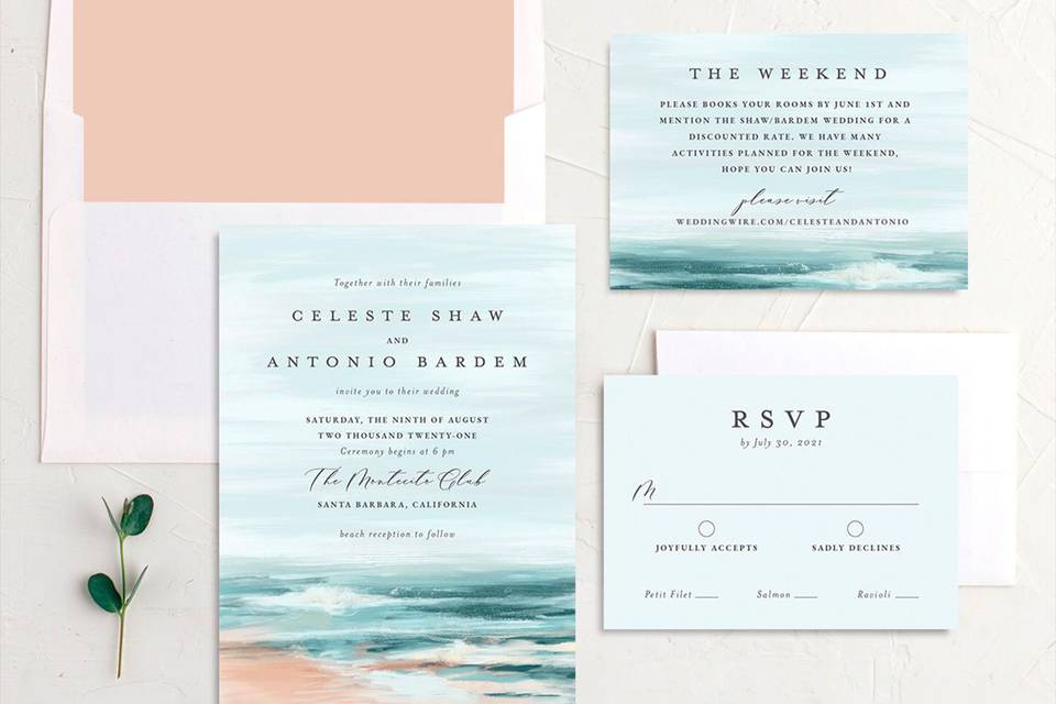 Personalised Destination Beach Wedding Invitations packs of 10 