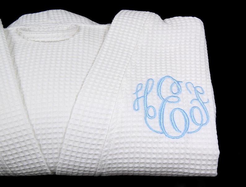 white monogrammed cotton robe with blue monogram