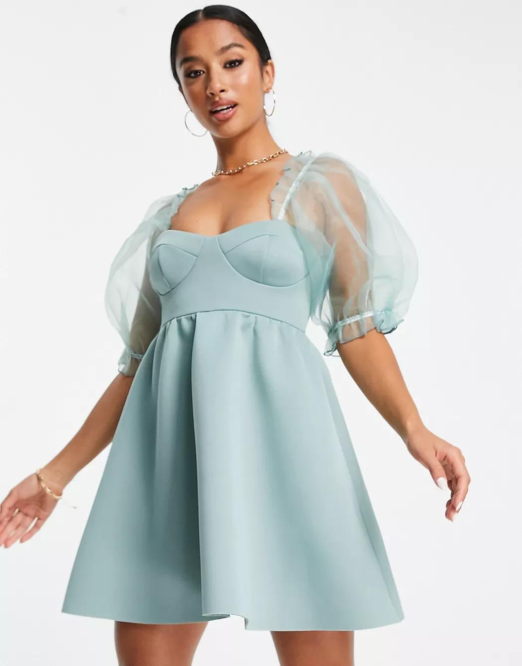 Light blue babydoll mini spring wedding guest dress