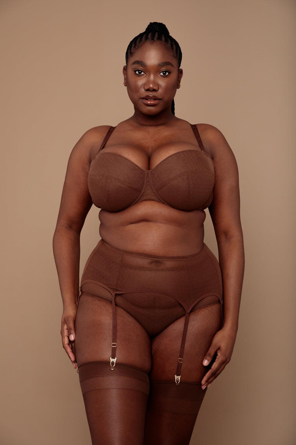 Balconette cup convertible bra in brown nude hue with matching suspender belt and high-rise briefs plus-size wedding dress undergarments