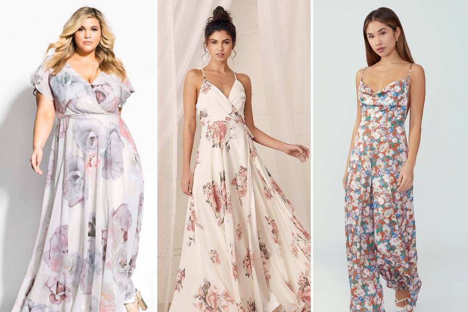Collage of three models from left to right: Plus size model wearing muted pastel bridesmaid dress; Model wearing white and pink floral maxi dress; Model wearing orange, blue, and white floral jumpsuit with cowl neckline